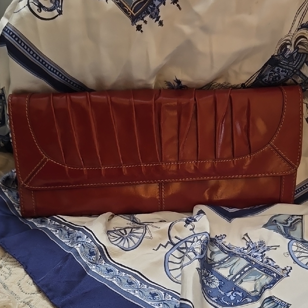 Brown Textured Leather Clutch with Flap Closure
